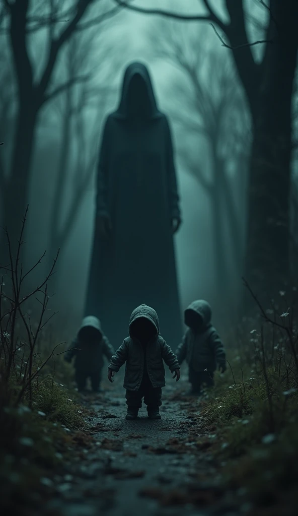 Create a creepy and suspenseful image featuring small, frightened figures. Place these figures in a dark and eerie setting, with subtle shadows and a sense of foreboding. Ensure the figures appear frightened, conveying a sense of vulnerability and fear. Su...