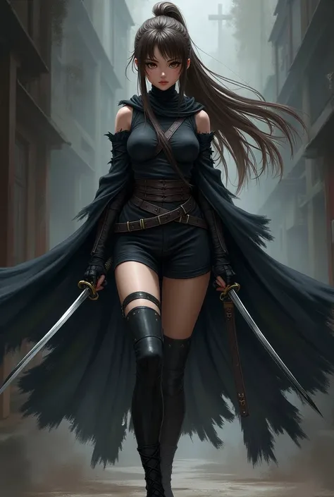 Anime girl who is a ninja, long brown hair, hair tied back, dark eyes, sharp eyes, wear two katanas, wear a ninja outfit and armor and gloves, wearing a tattered black cloak, wear a mask