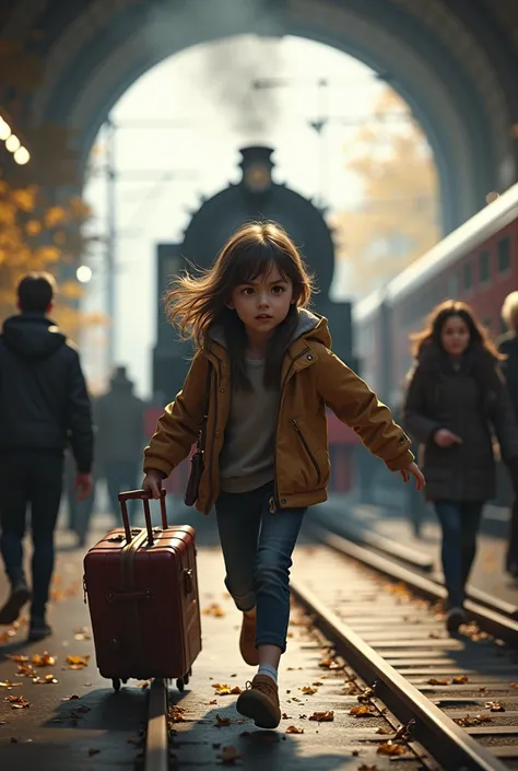  a girl with a suitcase runs to the train that is about to leave.  There are many other people at the station , everyone is bustling ,  outside autumn 