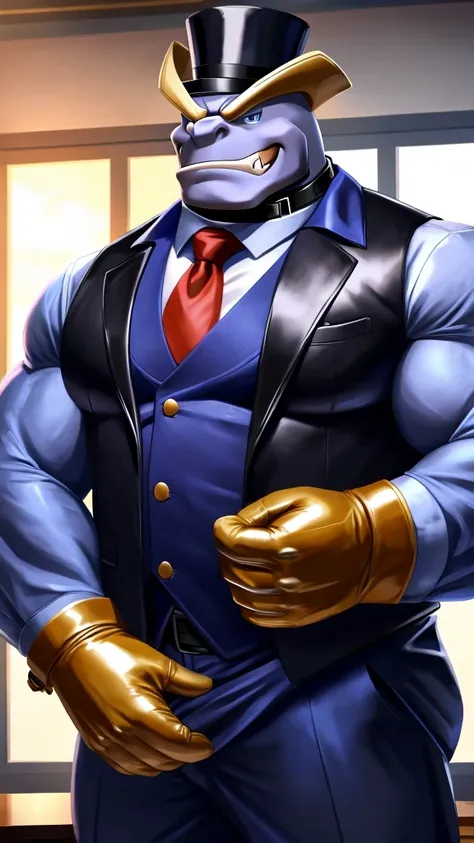 Solo, Male, fat, extremely obese, gentleman, dapper Professor Machamp, blue eyes, (posing:1.3), (soft shading), 4k, hi res, ((detailed face, detailed)), looking at viewer, mouth wide open, steampunk, dapper clothing, collared shirt with buttons, top hat, c...