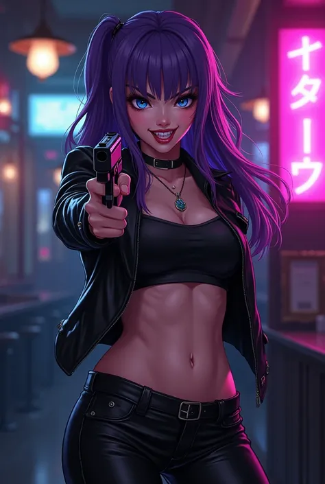 (dynamic pose:1.4),A ppk of an anime womanjewelry,gem, necklace, 
blue eyes, purple hair,long hair,Bangs,
long hair, lipstick, smile, Hot girl, baddie, staring, glaring, bad attitude, mean girl, dare, angry, hate, crazy, smoking, sensual, attractive, bar b...