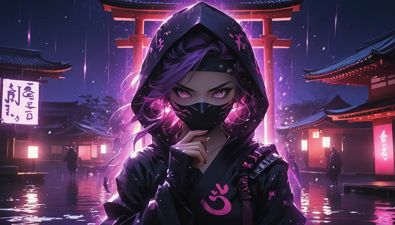 8k,masterpiece,best quality,when no one is around,a female ninja wearing a stylish and cute ninja hoodie maiko style showing off cleavage, with one eye covered with a black cloth like an eyepatch, stands alone with dark violet aura, facing the viewer, hold...