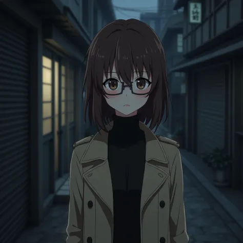 A anime girl with shoulder-length brown hair, wearing glasses and a beige trench coat over a black turtleneck, standing in a dark city street scene, with focus on the characters pensive expression and the moody atmosphere.