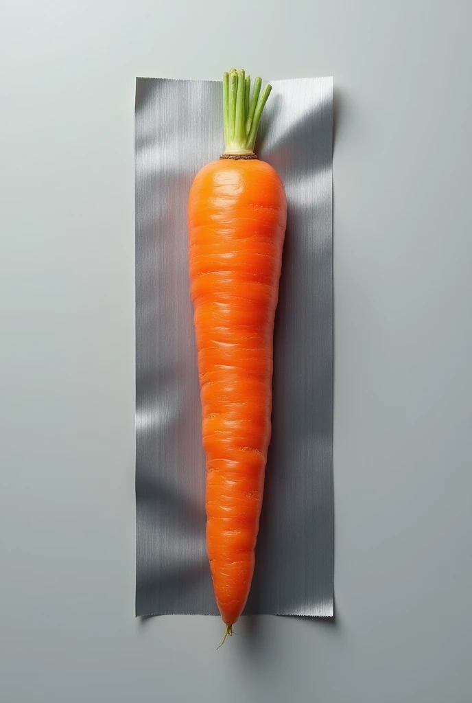 Realistic carrot ,  firmly glued to a grey background with an armortape adhesive strip.  The carrot is glued with a silver-grey armored tape adhesive tape .