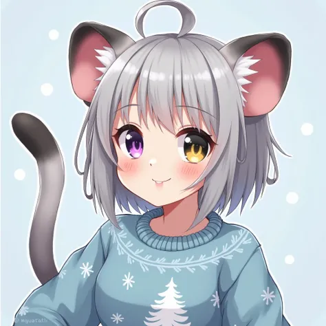 a  girl with possum ears and tail, short silver hair with eyes with heteronomy eyes, the left purple with yellow below and the right black with navy blue below, wearing a light blue sweater with a white Christmas print