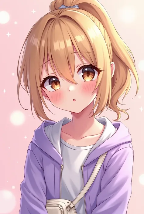 Light skin, girl, anime, gyaru makeup, brown eyes, blonde fluffy ponytail with the tips in front, light purple hoodie jacket, white undershirt, white crossbody bag, light pink background, sparkes, very close-up view