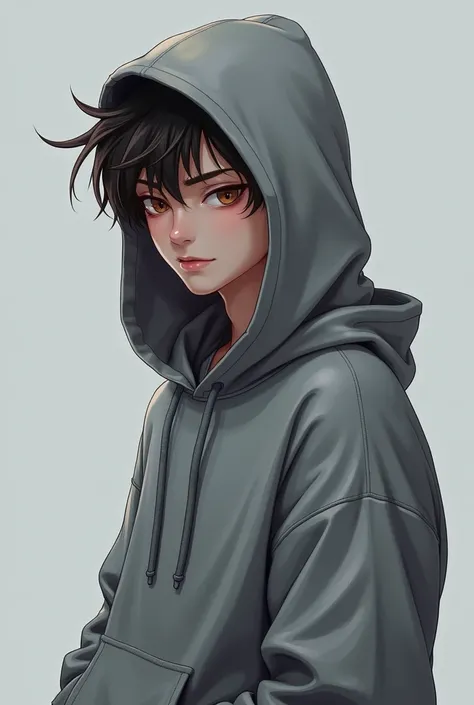 ren wearing a slightly shiny gray thin fabric hoodie
