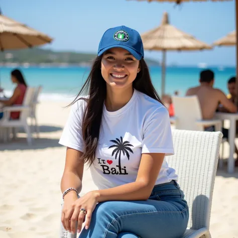 The image shows a Indonesian young woman with curvy body sitting on a white wicker chair on a sandy beach. She is wearing a white t-shirt with a graphic of a palm tree and the word "I love Bali" on it, blue jeans, and a blue baseball cap with a green logo ...