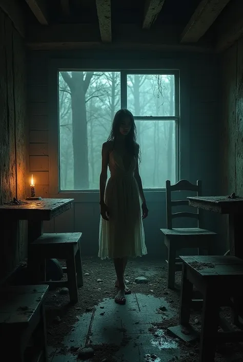 A woman Inside of creepy cabin in the forest, furniture looks old and handmade, heavy wooden tables and chairs that are old