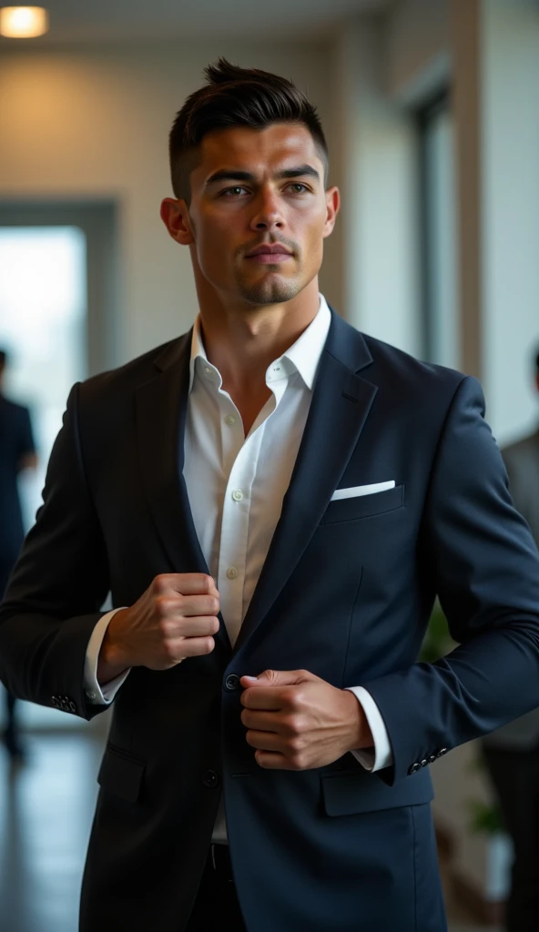 Full body portrait of Ronaldo in a suit, extremely detailed skin, fighting pose, at the office, talking to the viewer, blurred background.