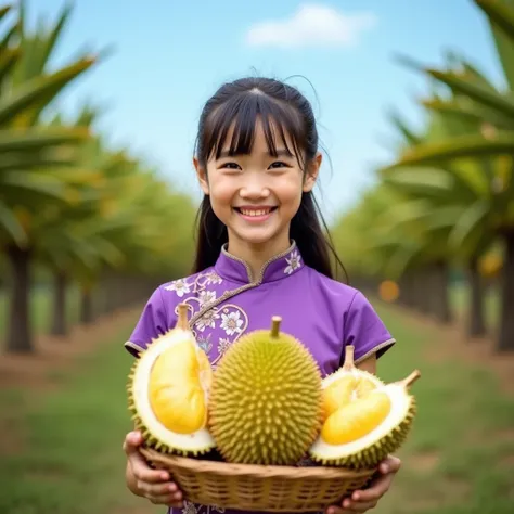 Really, a  is facing the camera with a basket of durian in front of her. She is holding a big yellow durian in her hand, ready to eat it, with a very happy expression. The girl is wearing a purple cheongsam, and the background is a durian orchard. The view...