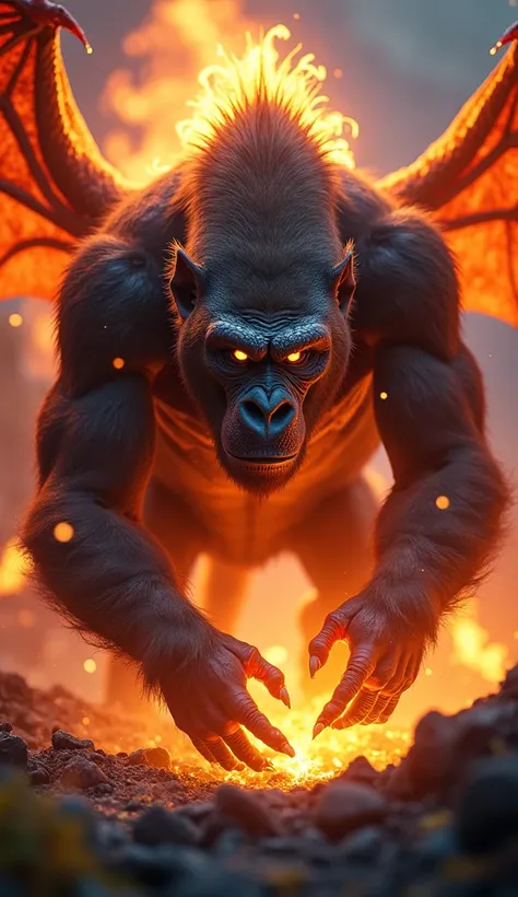 A close-up photo of a fierce hybrid animal with the body of (Gorilla) and the colors and markings of (Dragon), its eyes glowing with (reptile eyes), (fire energy) running through its body, and a flaming (fire) tail, moving powerfully through (volcano and j...