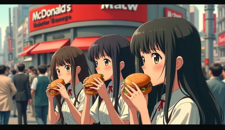 (masterpiece, best quality, extremely detailed, absurdres),Girls biting into hamburgers in front of a McDonalds restaurant, Ginza in 1971, pedestrian precinct, the first McDonalds store in Japan, crowds, each with their own unique fashion trends of the 197...