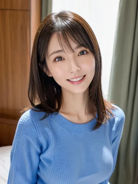  mature girlfriend 、Clear、virgin、38 years old、  shoulder-length hair  、Double teeth、Shapely breasts、 bright 、Japanese、fitted blue knitted sweater、Enhances the shape of the breasts、 realistic feel