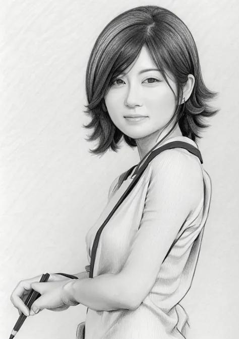 (a monochrome pencil-style drawing:1.5), a japanese woman, 40 years old, various hair style, upper-body