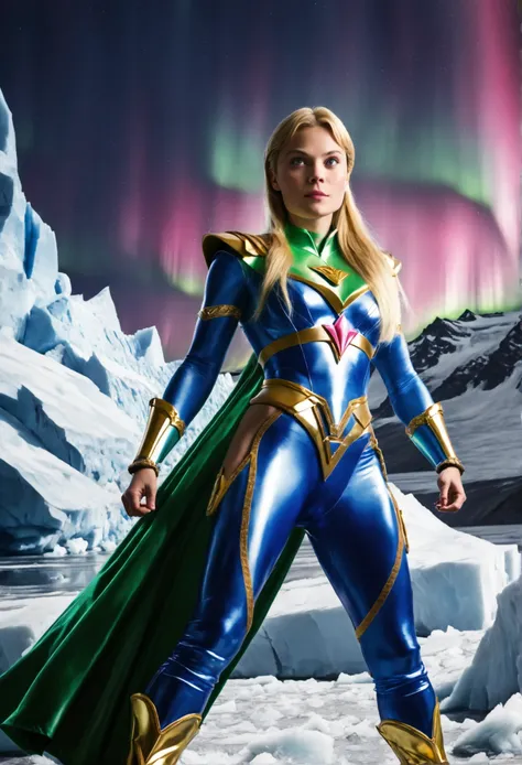 female power ranger, (Aurora Over the Glacier:1.5), covered gigantic breasts