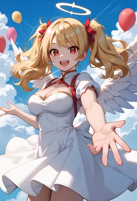 score_9_up, score_8_up, score_7_up, solo, source_anime, 1girl, super hero girl, +_+, bright pupils, detailed eyes BREAK 

Large breasts, Blonde hair, red eyes, twintails, big hair BREAK 

White dress, feathered wings, angel wings, halo BREAK 

Open mouth, ...