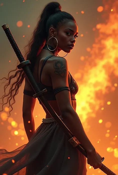 beautiful dark skin black woman, with a katana sword on her back looking over her shoulder hoop earrings booty dragon fire from the sky, tattoos