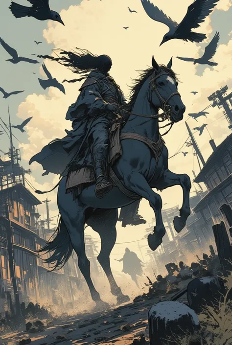 There is a picture of a man riding a horse with crows flying around,  inspired by Heinrich Clay, Tsutomu Nihei art,  Box n Lin , 、 Running through the town of Doom  , Tsutomu Nihei, Four Horsemen , four Four Horsemen , Flying Ghosts 