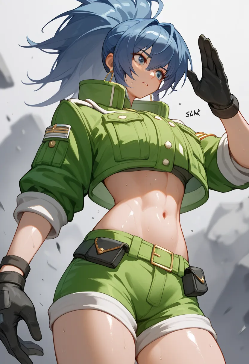 BREAK 1girl,cute,{{slender}},beautiful detailed breasts,shiny skin,{{{beautiful detailed breasts}}},{gleaming skin},{shiny skin},Sweat, BREAK 1girl,leonakofdg , green shorts, midriff, crop top, black gloves, military uniform, green jacket, earrings, jewelr...