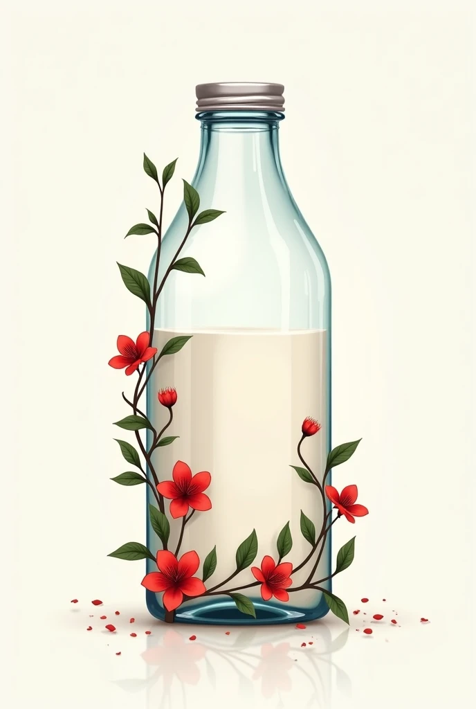  logo. A rectangular glass bottle similar to white milk boxes and for the design of this bottle some creeper leaves with red flowers. In the center of the bottle, leave a space to place a  