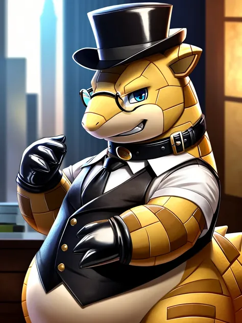 Solo, Male, fat, extremely obese, gentleman, dapper Professor Sandshrew, blue eyes, (posing:1.3), (soft shading), 4k, hi res, ((detailed face, detailed)), looking at viewer, mouth wide open, steampunk, dapper clothing, collared shirt with buttons, top hat,...