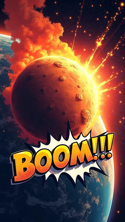 The Planet Pluto, with the words “ I am small, but I have moons. Which is a very planetary feature.” In a comic book text box As it crashes into earth like an asteroid. A large fire engulfs Pluto as it makes contact with earth. The action word “Boom!!!” Is...