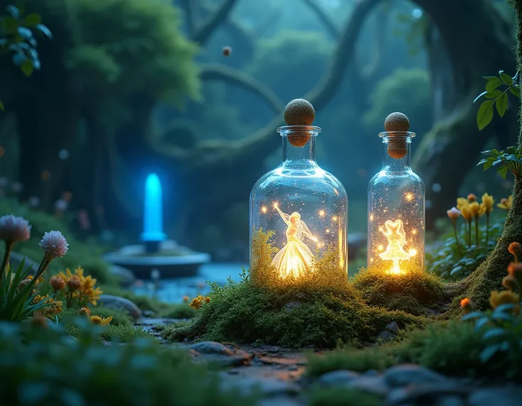 hyperrealistic fantasy scene .  the scene contains energized roots that flow in pure light along the lawn .  in the background a source of blue and yellow light in a forest ,  several gnomes and fairies of pure energy ,  inside their glass bottles that are...