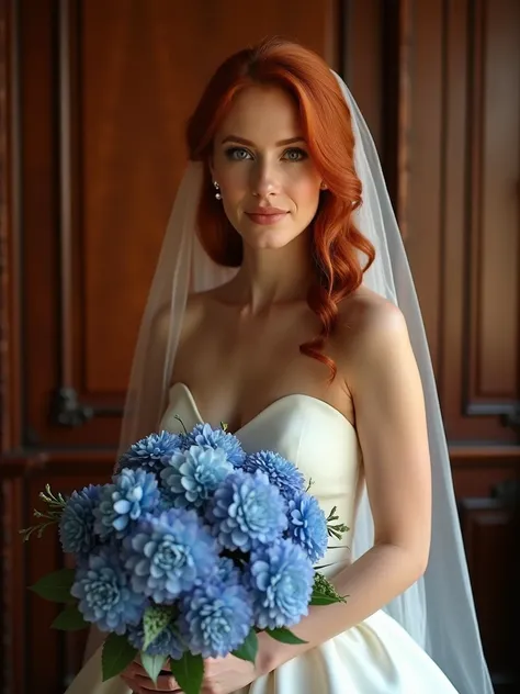  A beautiful red-haired bride stands in the middle of a mahogany room holding a bouquet of blue flowers.  She wears a veil on her face and her athletic body and not so thin is visible under her dress . .  the lighting is cinematic ,  with a warm golden glo...