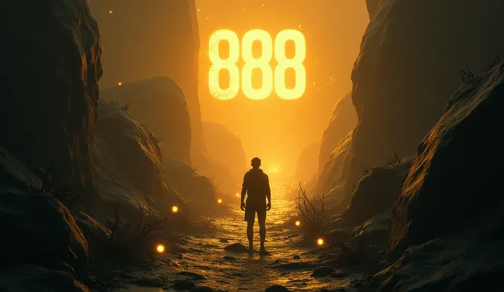 "A person standing on a dark path with large rocks and thorns as obstacles ahead. The number 888 glows in golden light at the end of the path, gently guiding the person forward. The persons eyes reflect determination and hope, while small lights appear aro...