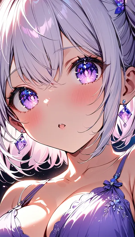 white hair、（ CLEAR LINGERIE :1.7）.Big Breasts、（ Depictions expressing a sense of speed and speed :1.6）、（The town where it snows:1.6）、 Slam、  dynamic pose  、  Movie Scene 、Illuminated、kawaiipunk.beautiful face drawing、 Delicate eye depiction  、Undivided Composition  、（View from directly below:1.6）.（Big Breastsにフォーカス:1.3）、Big Breasts、masterpiece,  best quality, Raising awareness, （  girl who does mischief :1.1）, cute, ( Dynamic Lighting:1.2),  movie lighting,  Elegant Features ,   detail eye,   sharp pupils, Sharp Focus , (  Very detailed, soft glow:1.4),   lots of small jewels  , (((short_hair))),　  twin tails、   WOMEN ONLY EARRINGS  、前hair、（パステルブラックhair:1.5）、  upper body、（She is wearing shimmering pale purple lingerie with crystal pretty embroidery.   The lingerie is transparent up to the chest   :1.6）.、Transparent design。  the light source is gentle light from the front  ....、 The overall atmosphere is bright and clean ....。