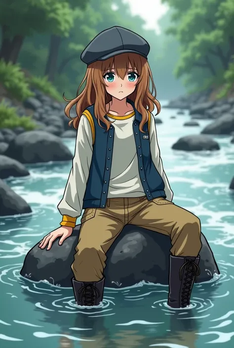 Anime girl, focus on her, has fallen in a wild river, feet and butt under water, looking unhappy, medium long light brown and dark blonde wavy hair, dark grey newsboy cap, sky blue eyes, sky white shirt with long sleeves, blue vest with yellow edges, light...