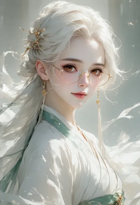 A girl with short, wavy pearly white hair, ruby ​​red eyes, pink lips, porcelain white skin, a slim, leathery complexion, and medium-sized breasts. Her clothing is that of medieval royalty from the Japanese empire, mint green in color, she wears small glas...