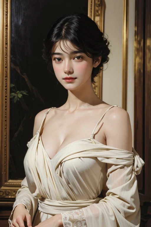 (masterpiece), ( best quality), Oil, Classical painting,  1 girl,  Portrait,  bare shoulders, (beautiful evening dress :1.2), Earth Colors, flower、(Sargent Oil painting)、( best quality、masterpiece)、 Realistic， Photo Realist，Alone， Facial beauty、 Vivid Face...