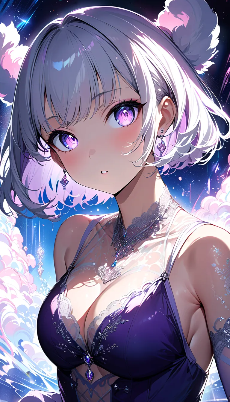 white hair、（ CLEAR LINGERIE :1.7）.Big Breasts、（ Depictions expressing a sense of speed and speed :1.6）、（The town where it snows:1.6）、 Slam、  dynamic pose  、  Movie Scene 、Illuminated、cyberpunk.beautiful face drawing、 Delicate eye depiction  、Undivided Comp...