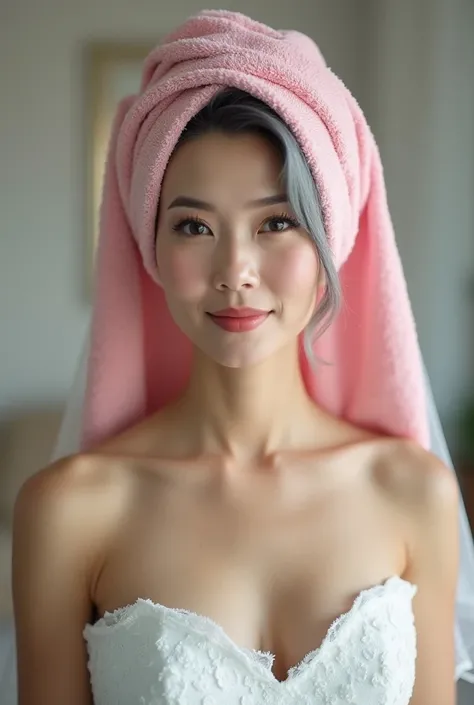 A sexy still very young looking 50 yearsold mature Filipino girl with a pink hair towel completely covering her head she is getting married wearing a wedding dress standing in a makeup room H igh-key lighting Style, 1girl, sol o,,gray hair, completely gray...