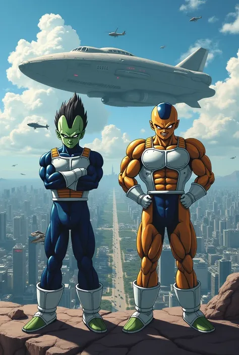 Two powerful aliens, Vegeta and Nappa, floating above a large modern city. Vegeta crosses his arms, with a cold and calculating look, while Nappa laughs arrogantly. Behind them, a spherical spaceship hovers in the sky. The city below is in chaos, with sire...