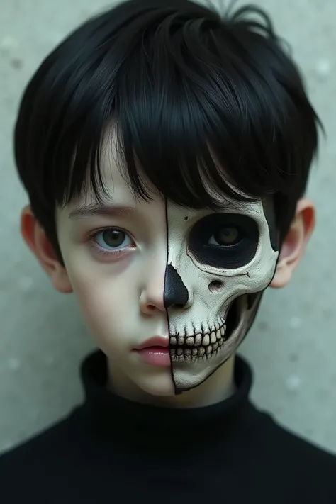 A boy with black hair and a black eye in the other eye should instead be seen his skeletal skull but only in the eye and he should look youthful and have cold and fair skin