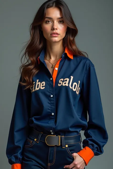  Casual womens blouse , front and back:  back with the text  " Womens Folia " Stylized,  front with the text  "SALOBO " Centralized;  shirt body in dark royal blue ,  sleeves and collars in vibrant orange ,  detailed design in high definition, quality 8k.
...