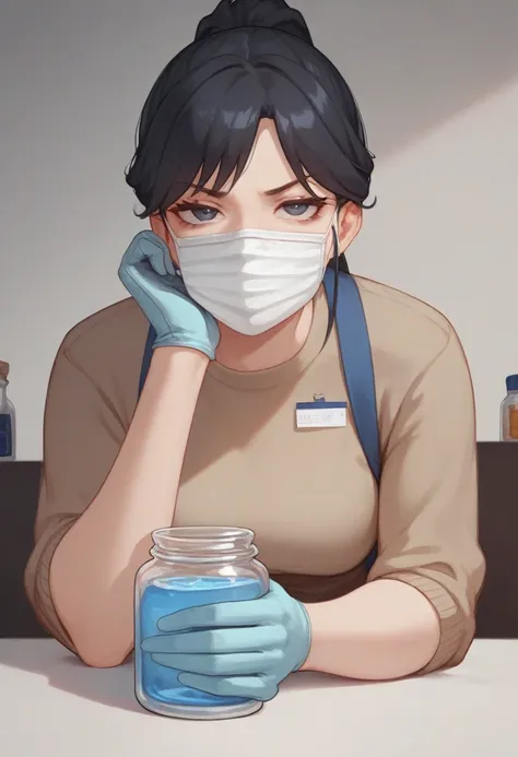  1girl, ((wears blue medical gloves)), ( casual wear ), brown striped sweater, (deflated medical mask),  long black hair in a ponytail,  looks at the viewer ,  duration , One,  emotion of discontent ,  disgust , dissatisfied, tired eyes,  young , holds a j...