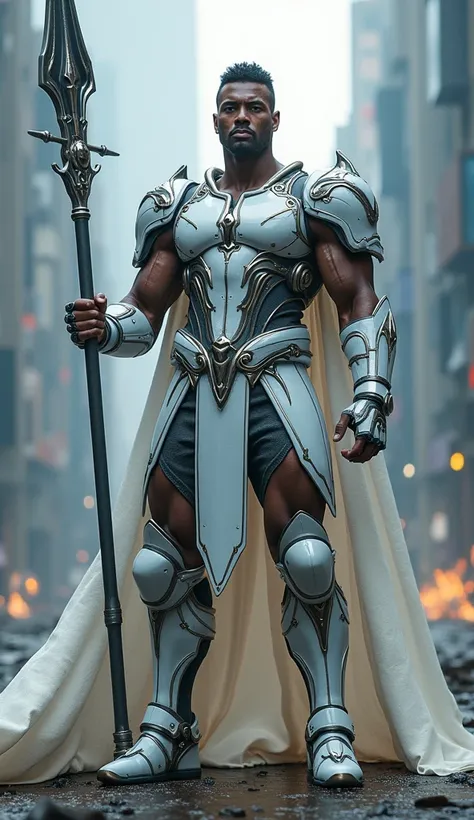 A muscled male model, shining white-silver-blue armor, dynamic pose, holding a big spear, masterpiece, full body