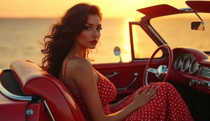 A glamorous big breast woman in a polka-dot dress sits behind the wheel of a vintage red convertible, her bold red lipstick catching the warm golden glow of the sunset.