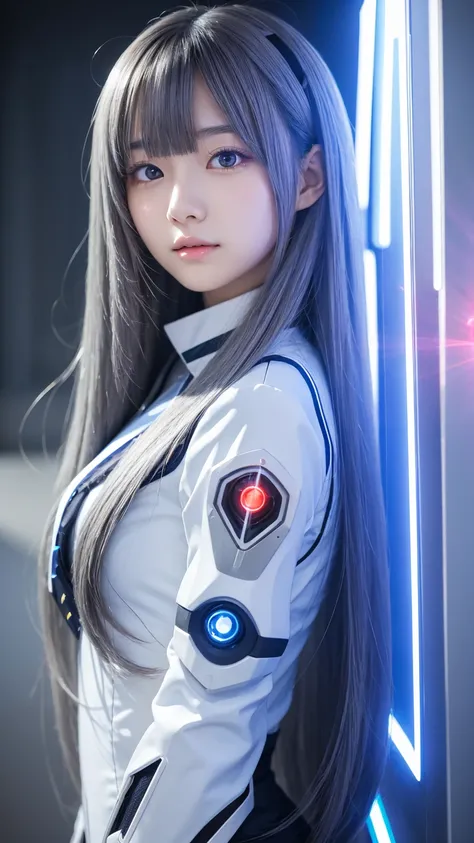 super beautiful face, japanese girl,  long straight hair, high school student, anime style, white cyborg suit, blue light laser beam, gray hair , small bust,