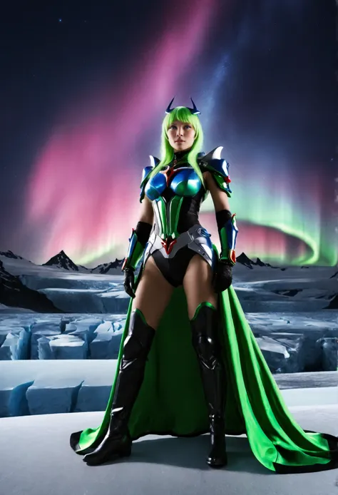  female Kamen Rider , (Aurora Over the Glacier:1.5), covered gigantic breasts, night sky