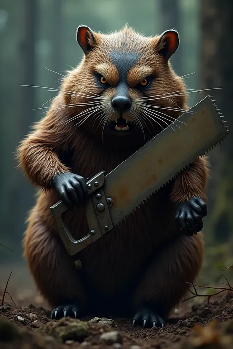 A bad beaver in a mask with a saw