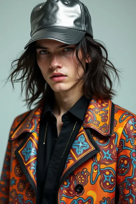 Homme cheveux longs, casquette metalica veste psychédéliques. 