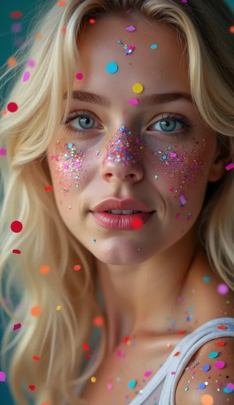 A portrait of an attractive young blondhair girl, her face showered in Colorful Geometric glitter particles. The image should be intricately detailed and in ultra-high definition. Capture the scene from various angles, emphasizing the shiny and vibrant nat...