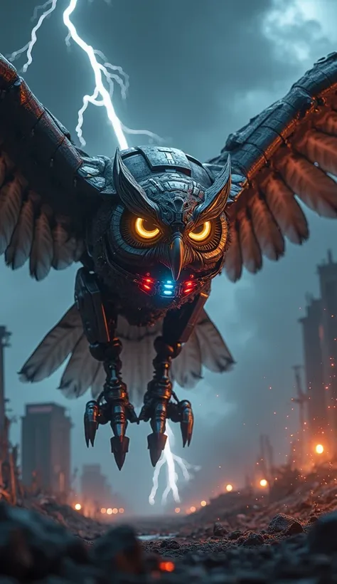 Create a hyper-realistic animation of an owl fused with a Transformer, flying in the middle of a dark and stormy environment, with a terrifying and ultra-detailed design. The owl has a massive body and its wings are composed of moving metal plates with sha...