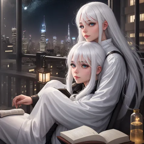  A girl with white hair reads a book at night with city lights and bubbles 