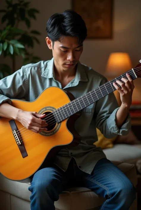 A realistic photo of an oriental man playing a guitar. He is seated casually in a natural indoor setting, such as a cozy living room or a small music studio, with warm lighting that highlights his facial features and the guitars details. He appears focused...